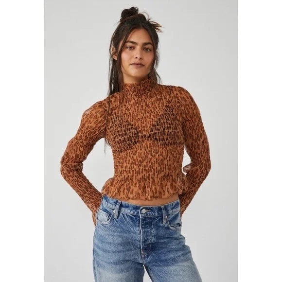 FREE PEOPLE Smocked HELLO THERE Mesh Top Leopard‎ Print Long Sleeve Size XS - Picture 1 of 14